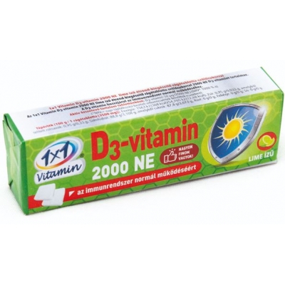 1x1 Vitamin D3-vitamin 2000NE lime ízű kocka alakú rágótabletta szőlőcukorral 14 db