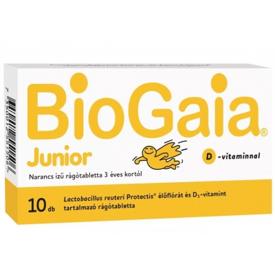 Biogaia junior + d3 vitamin narancs ízű rágótabletta 10 db