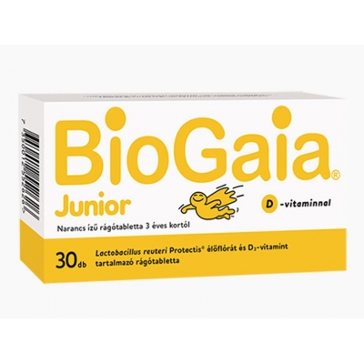 Biogaia junior + d3 vitamin narancs ízű rágótabletta 30 db